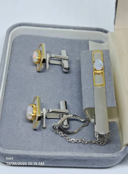 Australian Opal Tie Clasp Bar & Cufflink Set, Gold & Silver 2-Tone, Blue-Green opal. 