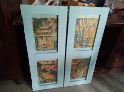A Pair of Old Thai Wall Hanging Plaques, Depicting Thai Temples. 34x90 Cm.(each)