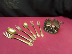 6x Bronze of Forks and Spoons. Small fruits Basket. 