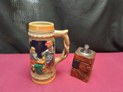 A German Beer Stein and Wooden Lighter 