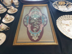 Victorian Circa 1850 glass bead work tapestry in a nice gold gilt frame. 33x56 Cm.