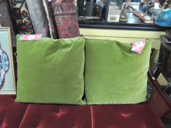 2x Large Green Velvet Cushions.