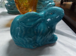 TURQUOISE glazed porcelain ceramic rabbit figurine .Approx size 20-22 cm