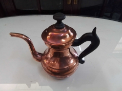 A Very old antique copper kettle with wood handle and lid top tin lined 