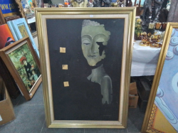Oil Painting on Canvas gold colored frame modern style Lady face. Approx 76x106 cm