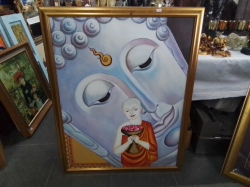 Oil Painting on Canvas gold colored frame image of the Buddha face in back ground. Approx 78x98 cm