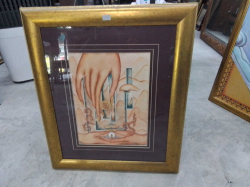Painting featuring a large hand and a flower gold colored frame. Approx 64x54 cm