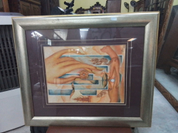 Painting framed featuring a stylized hand and arm. Approx 63x54 cm