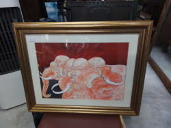 Framed painting featuring three Elephants. Approx 60x48 cm
