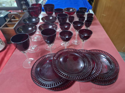 A Set of Ruby red glass different types of wine, Short, Champagne, plates 29 pieces