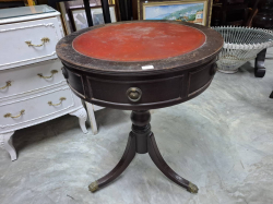A Round drum single pedestal table with 2 drawers & leather tooling on top. Appox. 51x167 cm