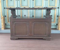 Unusual Monk's bench in Oak with lion king arm rests. 107cm long 45cm wide 74cm high open 103cm high.