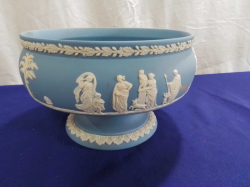 A Light Blue Jasperware Footed Front Bowl decorated with White Classical Figure by Wedgwood. W.20 H.13 Cm.