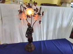 A Large Resin Lamp of A Classical Lady with A Tray of Fruit and 3 Branch of Lampshades. H.85 Cm.