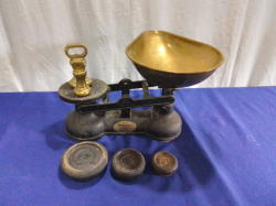 A Set of Old Brass Scales with Weights. W.33 H.19 Cm.
