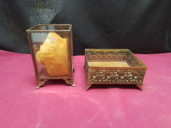 A Vintage French Style Two Glass and Brass makeup Brush Holder W.8 L.9 H.14 Cm.and one other. 