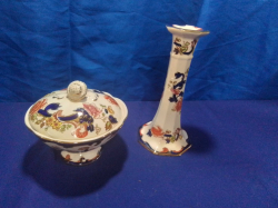 A Mansons Mandalay Pattern Covered Round Dish and A Tall Candlestick W.12 H.22 Cm.