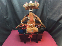 A samurai warrior set in wooden box. W.D. H.Cm.