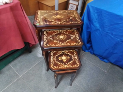 A Superb Inlaid Italian Nest of Tables. The Smallest is musical.(90) Large W.40 L.58 H.55 Cm.