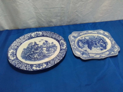 2 Small Blue and White Plates one Showing The Plymouth Pitgrim in USA.