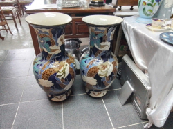 A pair of large Vietnamese Temple Altar Vases (Blue Dragon motif on black ground). 30 inches high. Online retail price 28,000 baht each.