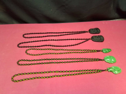 2 Black and 3 Dark Green Jade Pendants with Jade Necklaces. 