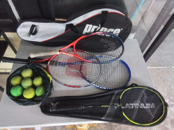 3 Tennis Rackets with 7 Balls and 1 Badminton Racket