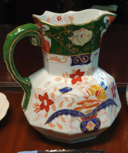A rare C,1835 Hand painted very large Mason's  Ironstone jug with dragon design handle. W.25 H.28 Cm.