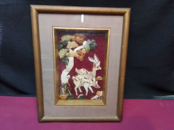 Vintage Chinese Mother of Pearl Artwork Depicting Landscape with Deer in Shadow Box Frame. 22x28 Cm.
