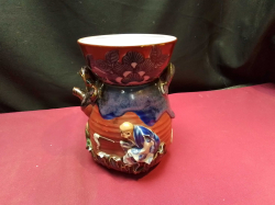 Vintage Japanese Meiji Sumide Gawa Glazed Ceramic Tea Pot Vase, with Cup. 1920s Both Signed. 