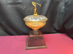 Heavy Glass Gold Banded Golf Trophy. W.18 H.36 Cm.