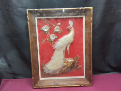 Vintage 1970s Asian Mother of Pearl White Peacock, Framed.38x50 Cm.