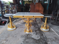 Vintage Buddha Monks Pray Table 92x63 Cm. H.64 Cm.and 2 Stools W.9 H.58 Cm., in Nice Condition