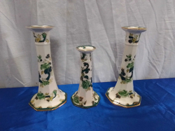 A Trio of Masons Chartrevse Candle      Sticks A Large Pair and A Smaller  Single. Large W.12 H.22 Cm. 