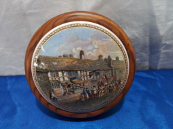 An Old Victorian Pot Lid of Shakespeares House in A Pine Wood Frame. W.13 H.4 Cm.