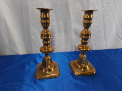 A Nice Small Pair of Brass Candle Sticks. W.8 H.20 Cm.