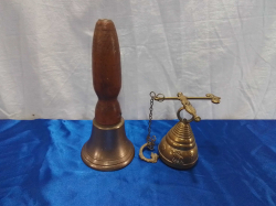 An Old Brass Hand Bell and A Small Hanging Brass Bell.