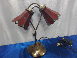 A Tiffany Style Two Branch Lamp with Bronzed Base of Water Lillus. W.36 H.38 Cm.