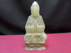 A Well Carved Light Green Chineses Jade Guan Yin Statue. W.9 H.17 Cm.