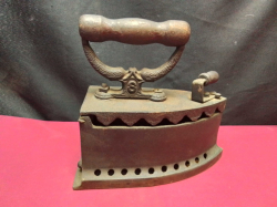 A Large Cast Charcoal Iron with Wooden Handle. W.12 L.24 H.21 Cm.