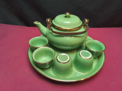 A Vietnamese Bat Trang Celadon Green Glazed with Gold Rim Tea Set.