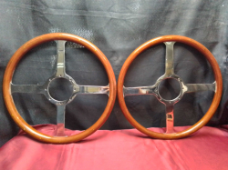 A Lovely Pair of Wooden Aloy Motor Car Steering Wheels Unusec. W.42 Cm.