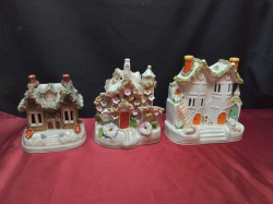 3 Victorian Cottages with Encrusted Flower Decorat8on(A/F) 