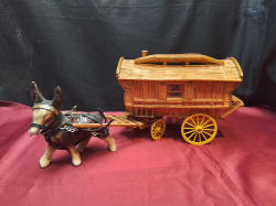 A Wooden Matchstick Caravan and Horse. W.11 L.42 H.19 Cm.