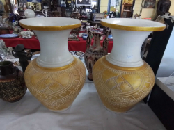 A Nice Pair of Gilded Ceramic Pots. W.33 H.50 Cm.
