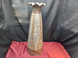 A Tall Textured Ceramic Vase, Hand Woven with Bamboo and Rope, with Ruffled Rim. W.24 H.69 Cm. 