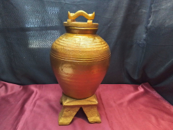 Chinese Lucky  Golden Money Pot, with Lid and Stand. W.22 H.44 Cm.