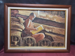 A Framed Signed Picture of Buddha Monk reading. 50x67 Cm.  