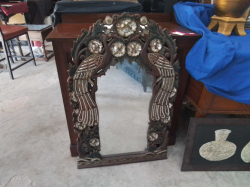 Heavy Ornate Solid Wood Arched hand carved wall Mirror, with birds and floral elements, inlayed Mother of Pearl. 58x92 Cm. 
