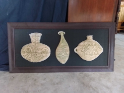 Ban Chiang Pottery Artifacts Mounted as Display in wooden Frame. 39x82 Cm.